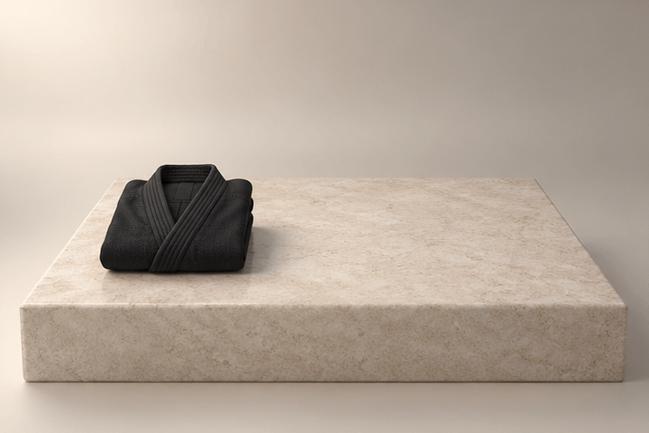 3D illustration in four steps: a small folded black gi, then a larger one beside it, then a third larger gi, then a blank tape measure laid in front of the row
