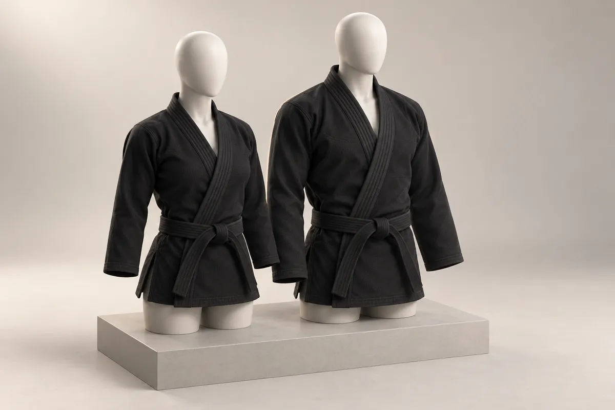 顔のないマネキンに着せた黒い上衣2着の3Dイラスト。左は短く細身の女性用カット、右は長く幅のあるユニセックス